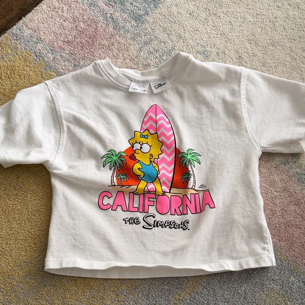 Zara White Kids Tee with Pink & Yellow Simpson Surf Graphic